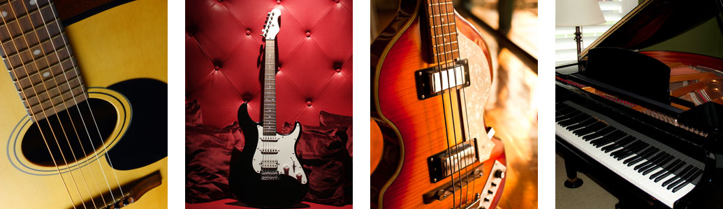 Collage of guitars, bass, and piano